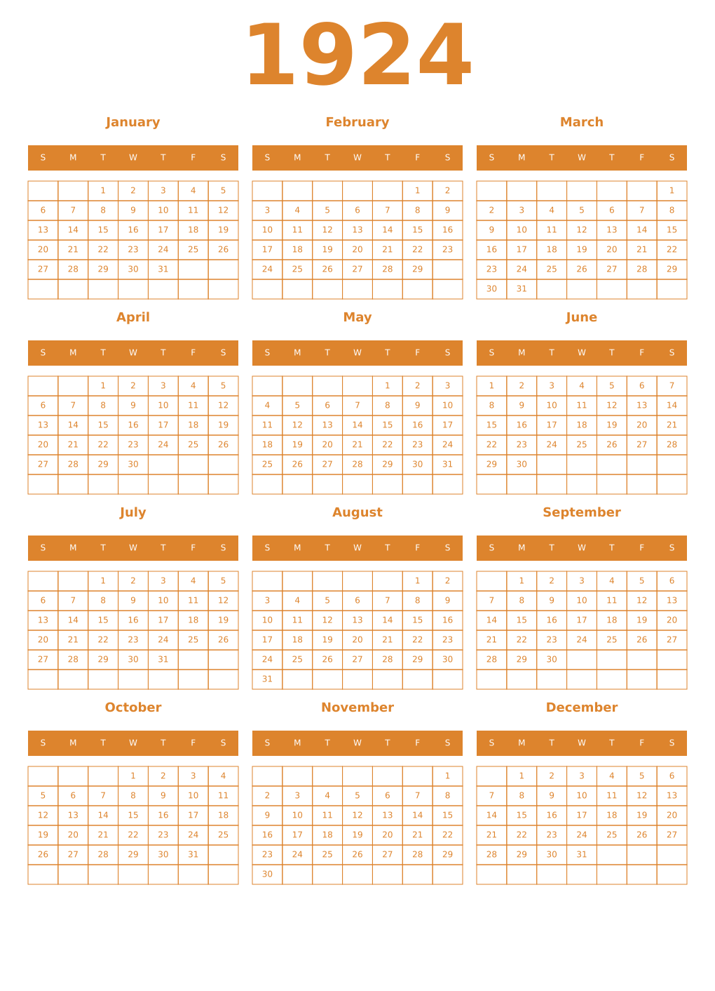 Printable 1924 Year Calendars orange