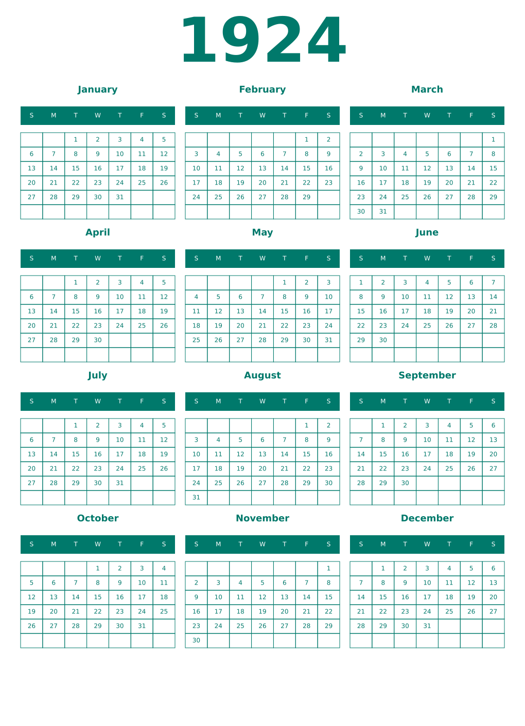 Printable 1924 Year Calendars pastel