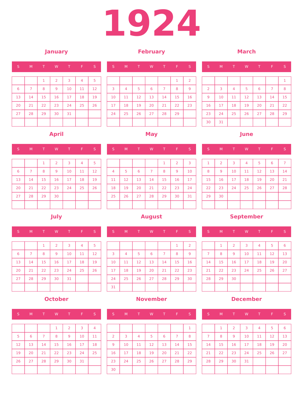 Printable 1924 Year Calendars pink