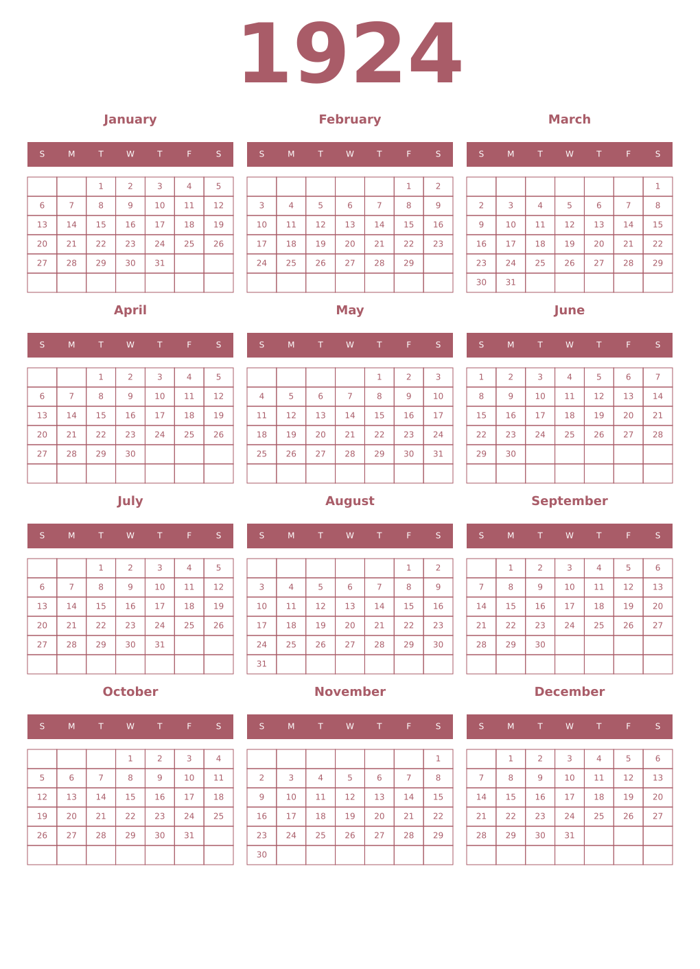 Printable 1924 Year Calendars puce