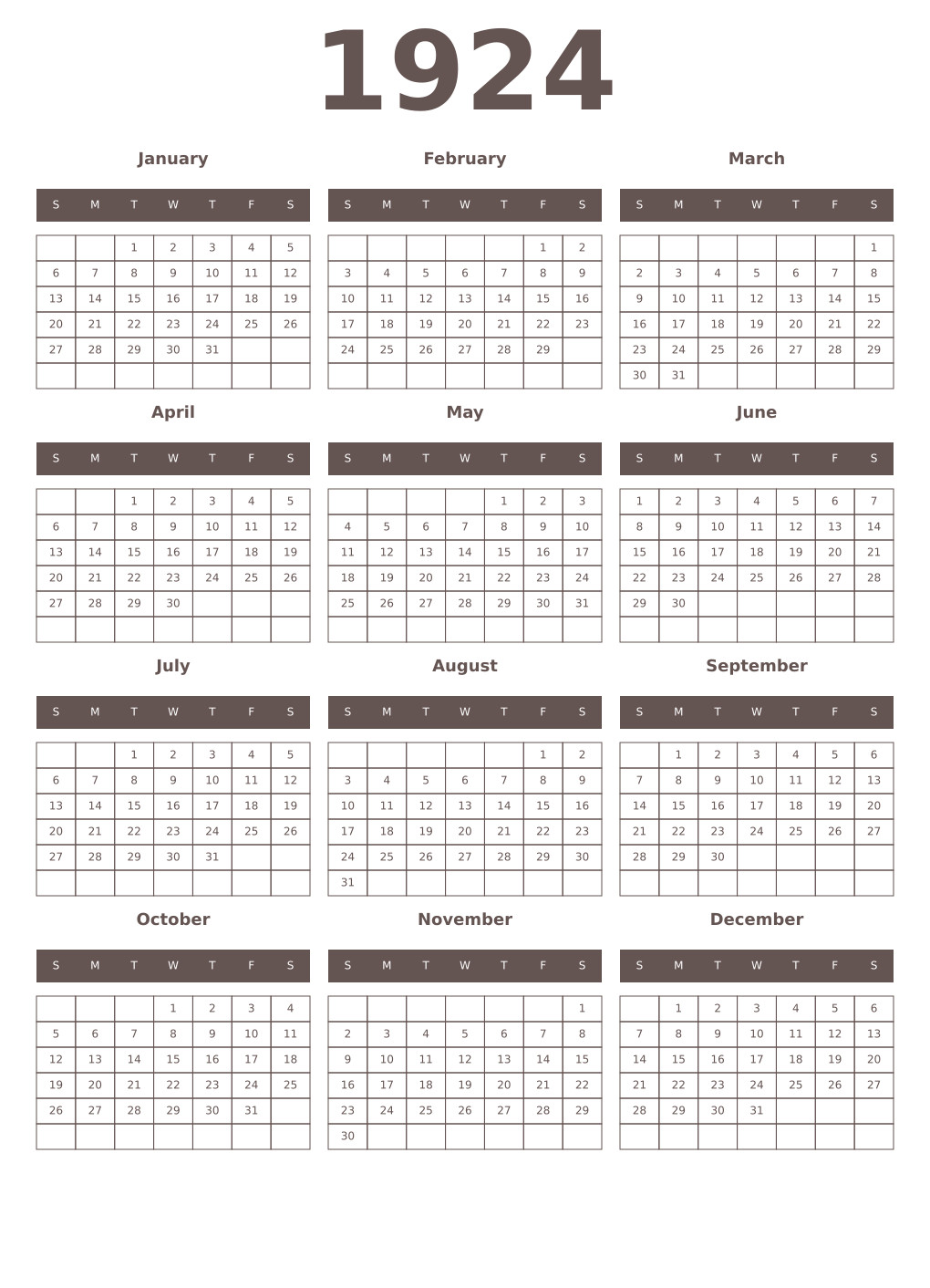 Printable 1924 Year Calendars wenge