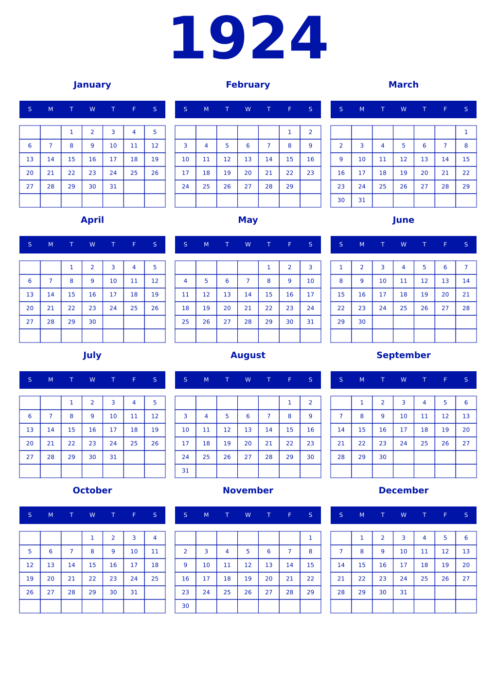 Printable 1924 Year Calendars zaffre