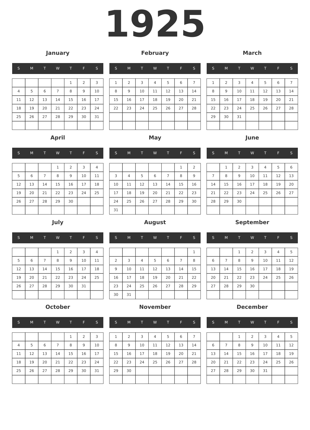 Printable 1925 Year Calendars dark