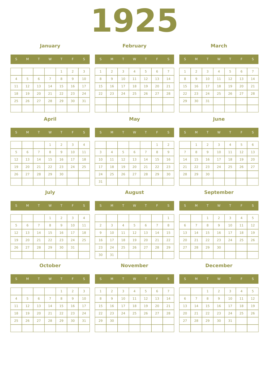 Printable 1925 Year Calendars eburnean