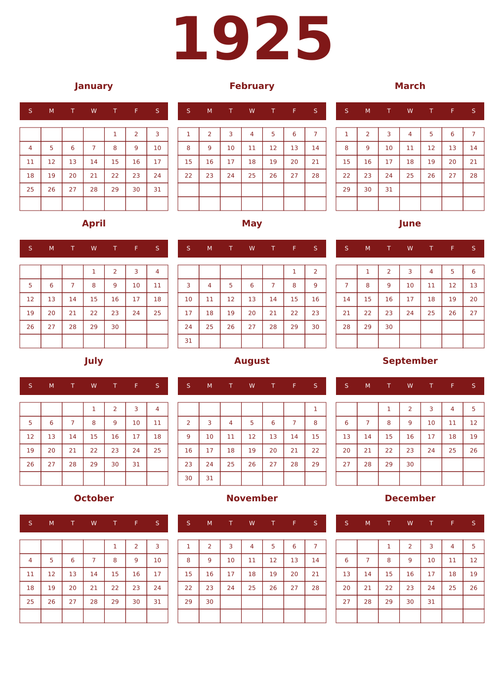 Printable 1925 Year Calendars falu