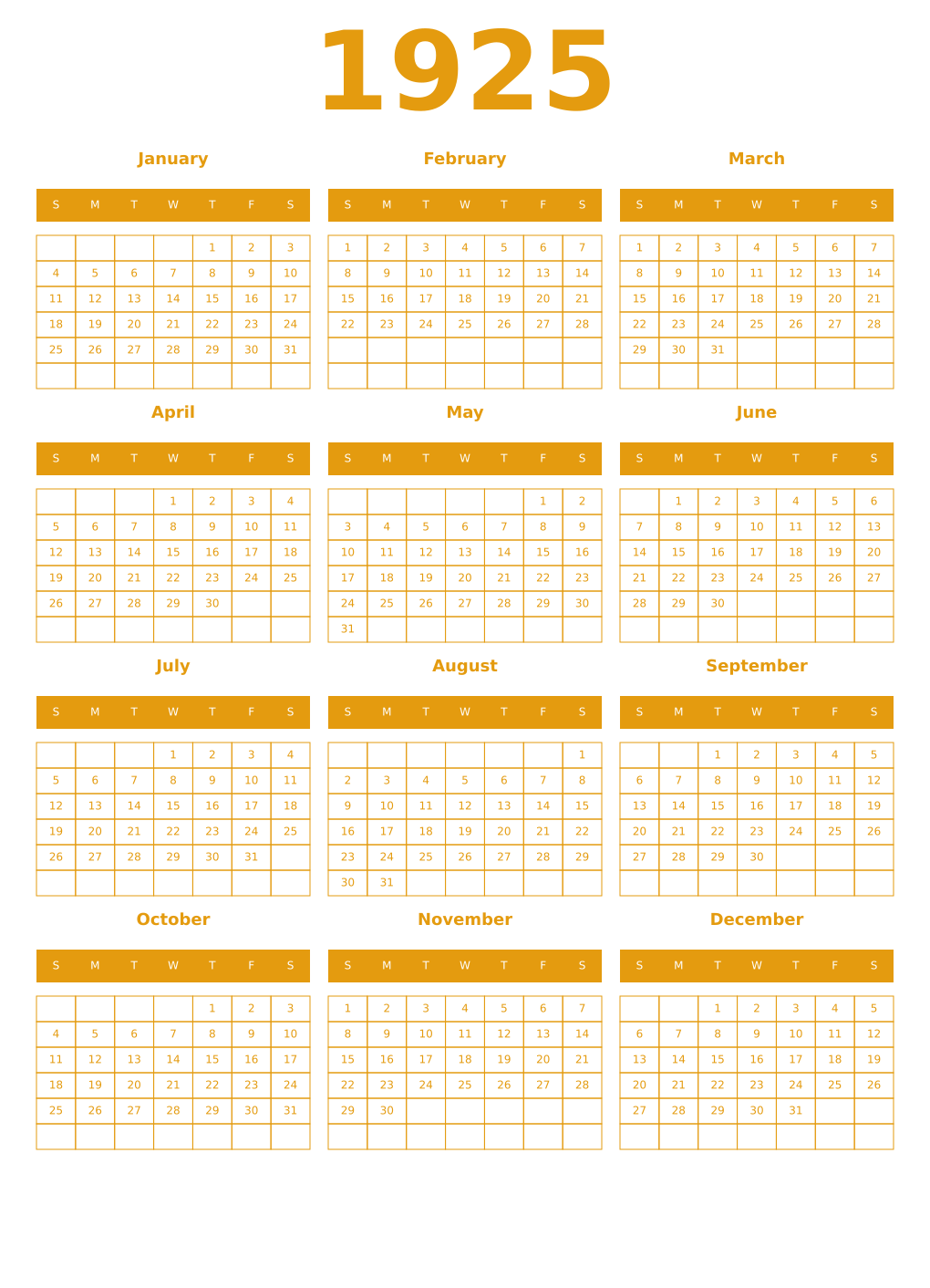 Printable 1925 Year Calendars gamboge