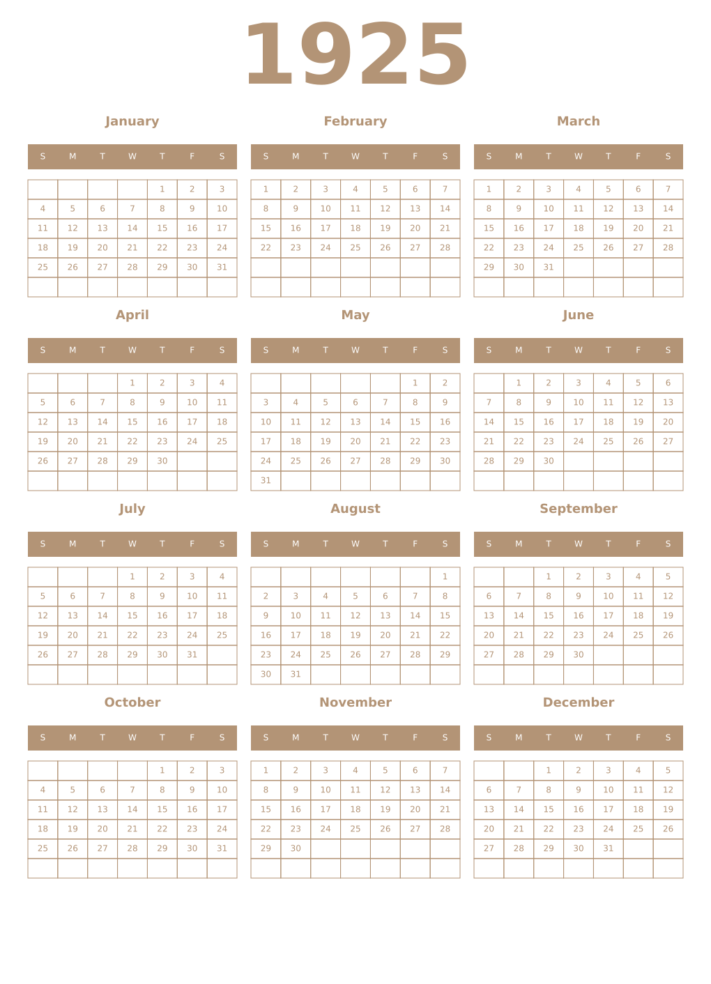 Printable 1925 Year Calendars isabelline