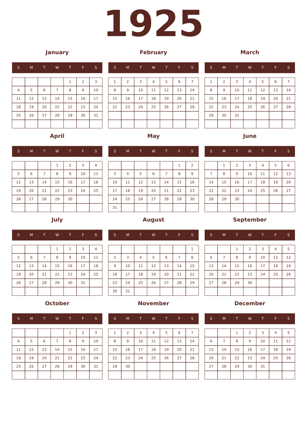 Printable 1925 Year Calendars mortuum