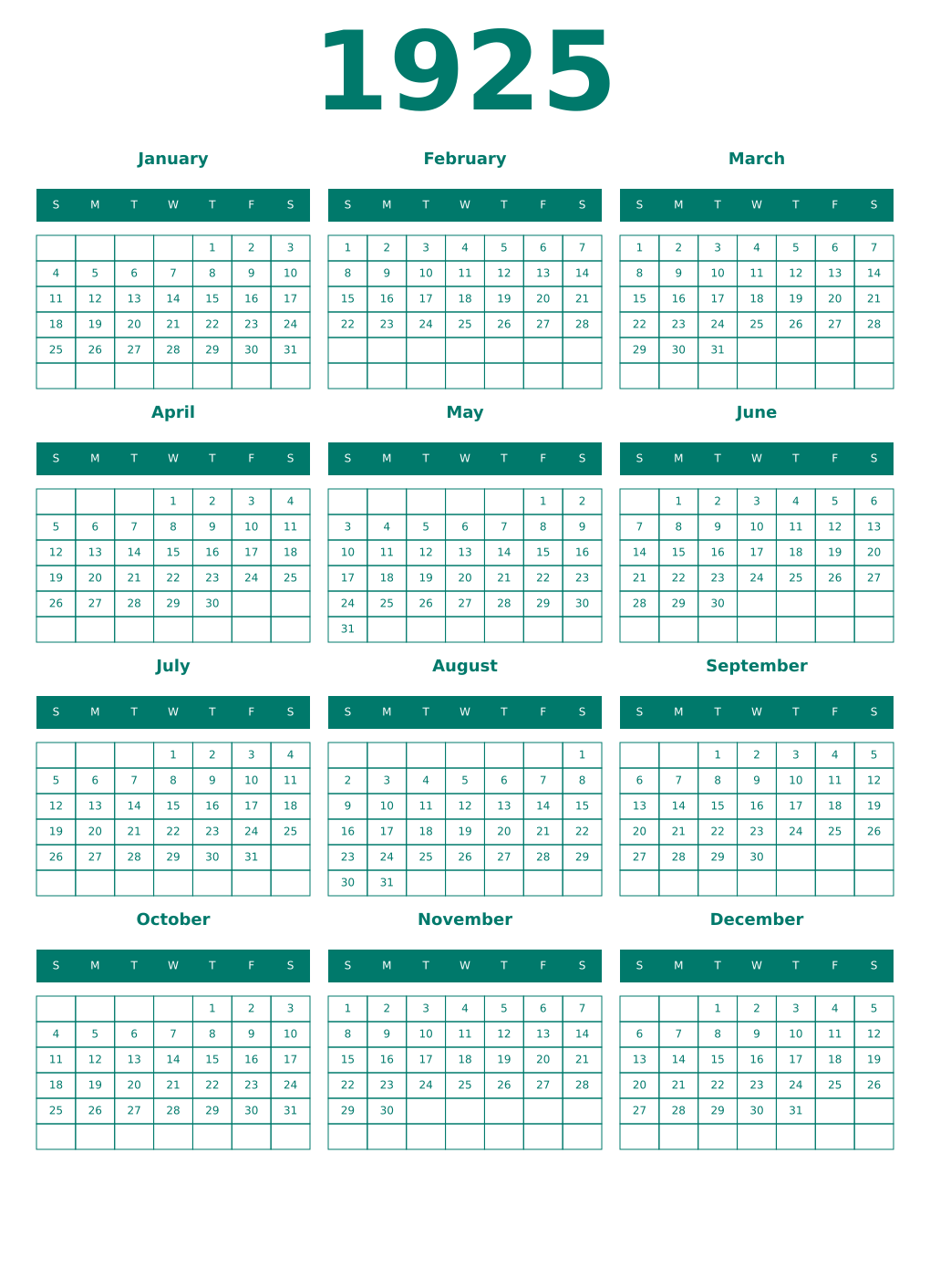 Printable 1925 Year Calendars pastel