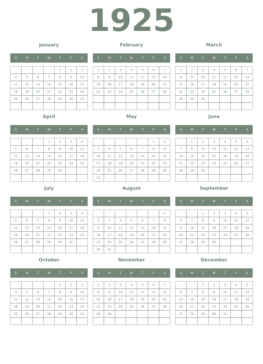Printable 1925 Year Calendars xanadu