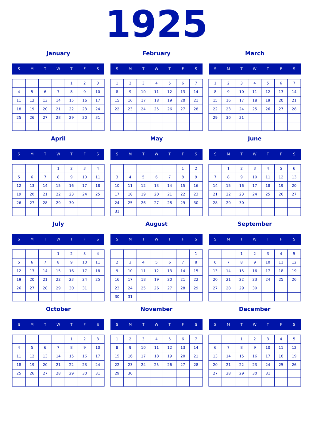 Printable 1925 Year Calendars zaffre