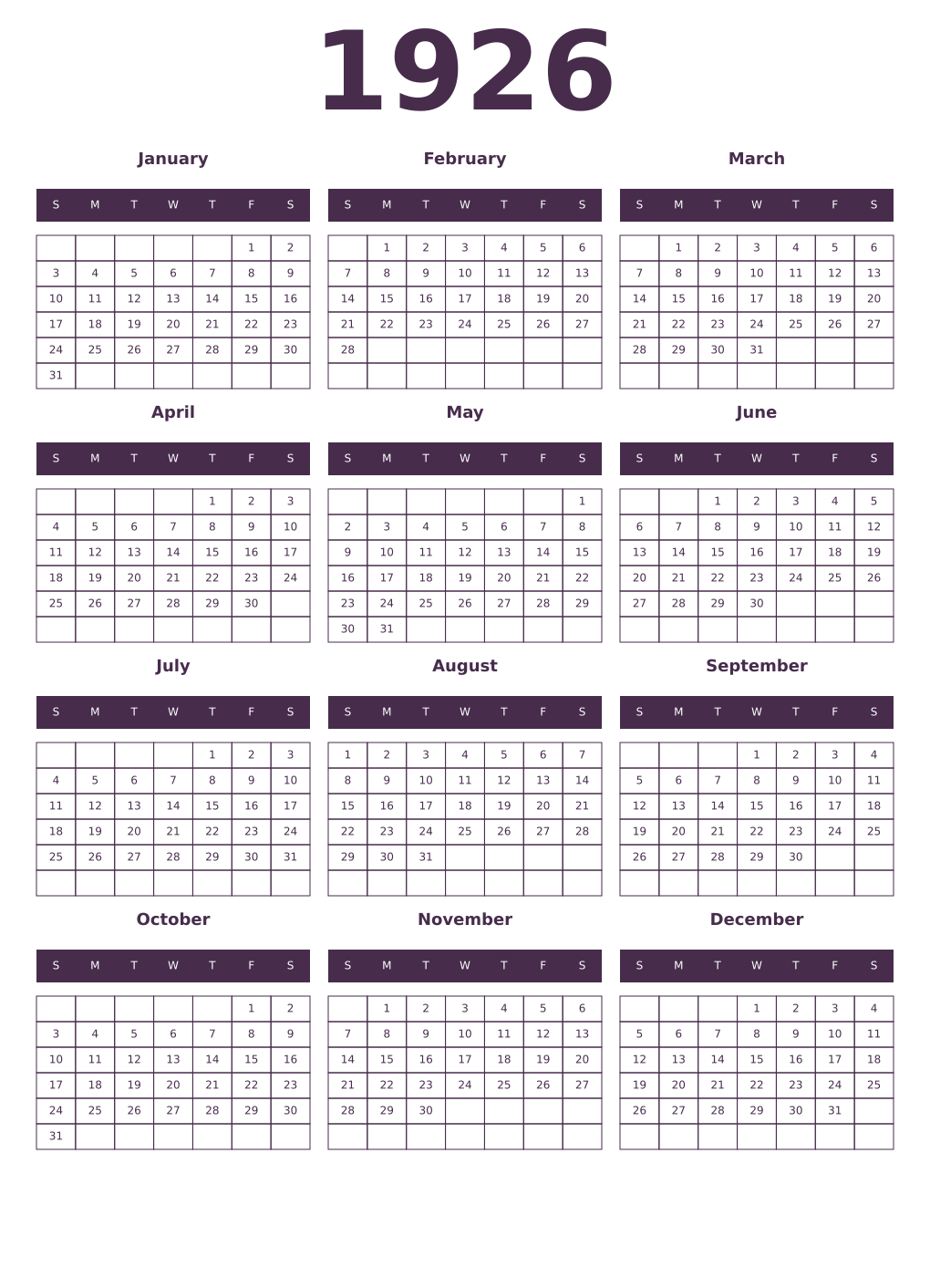 Printable 1926 Year Calendars aubergine