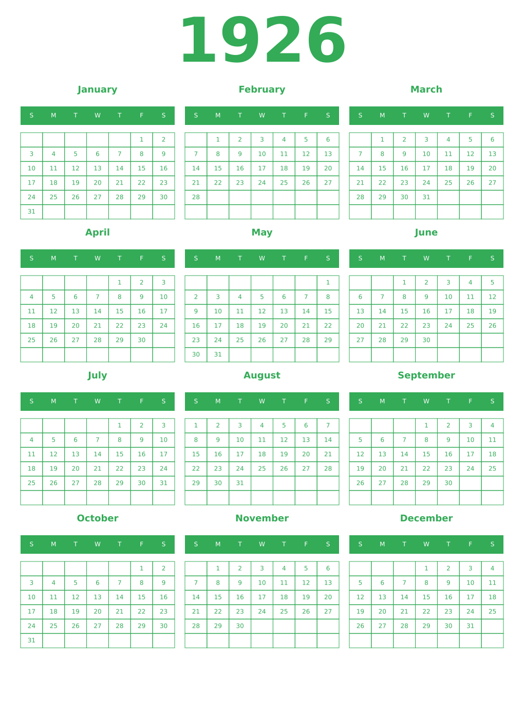 Printable 1926 Year Calendars green