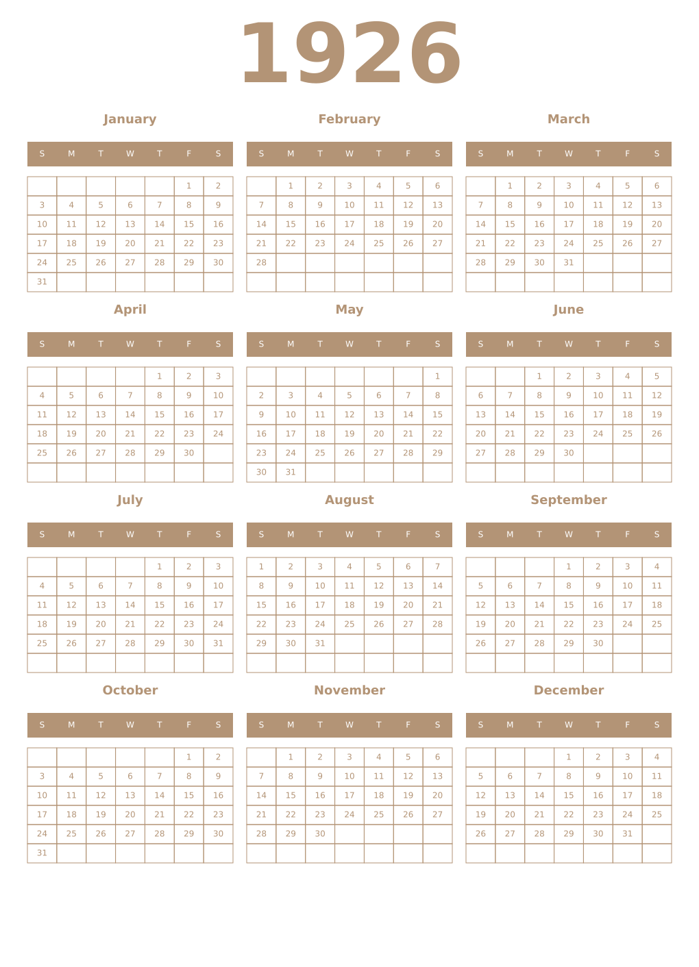 Printable 1926 Year Calendars isabelline