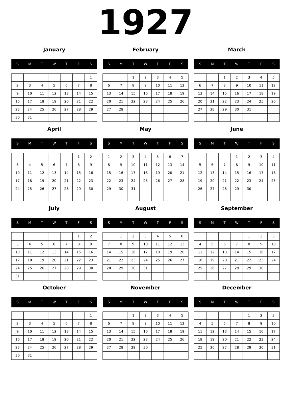 Printable 1927 Calendars