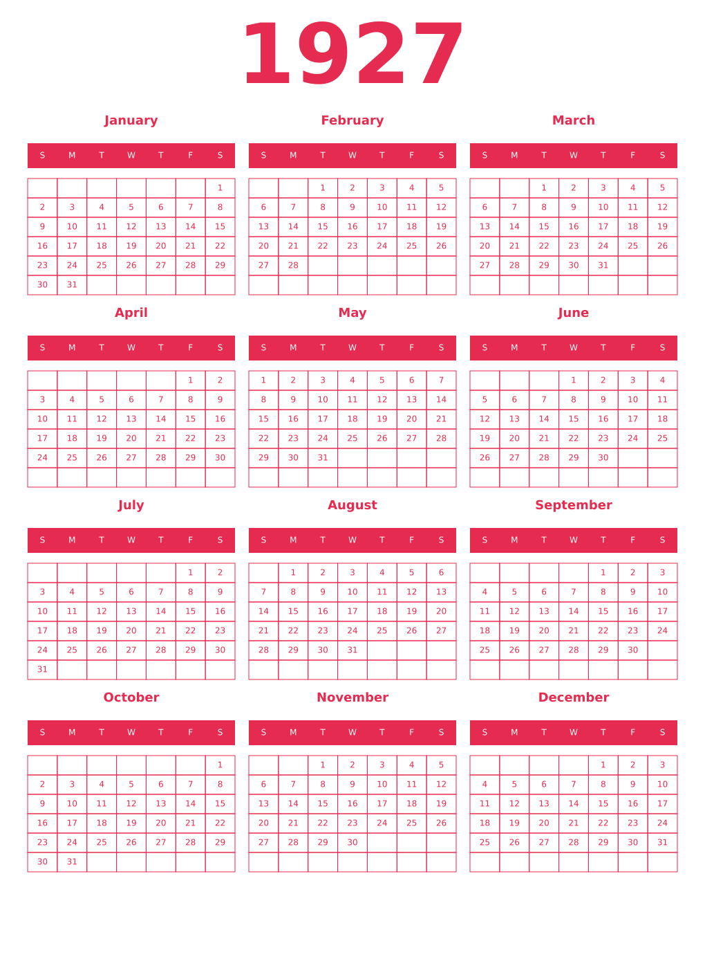 Printable 1927 Year Calendars amaranth