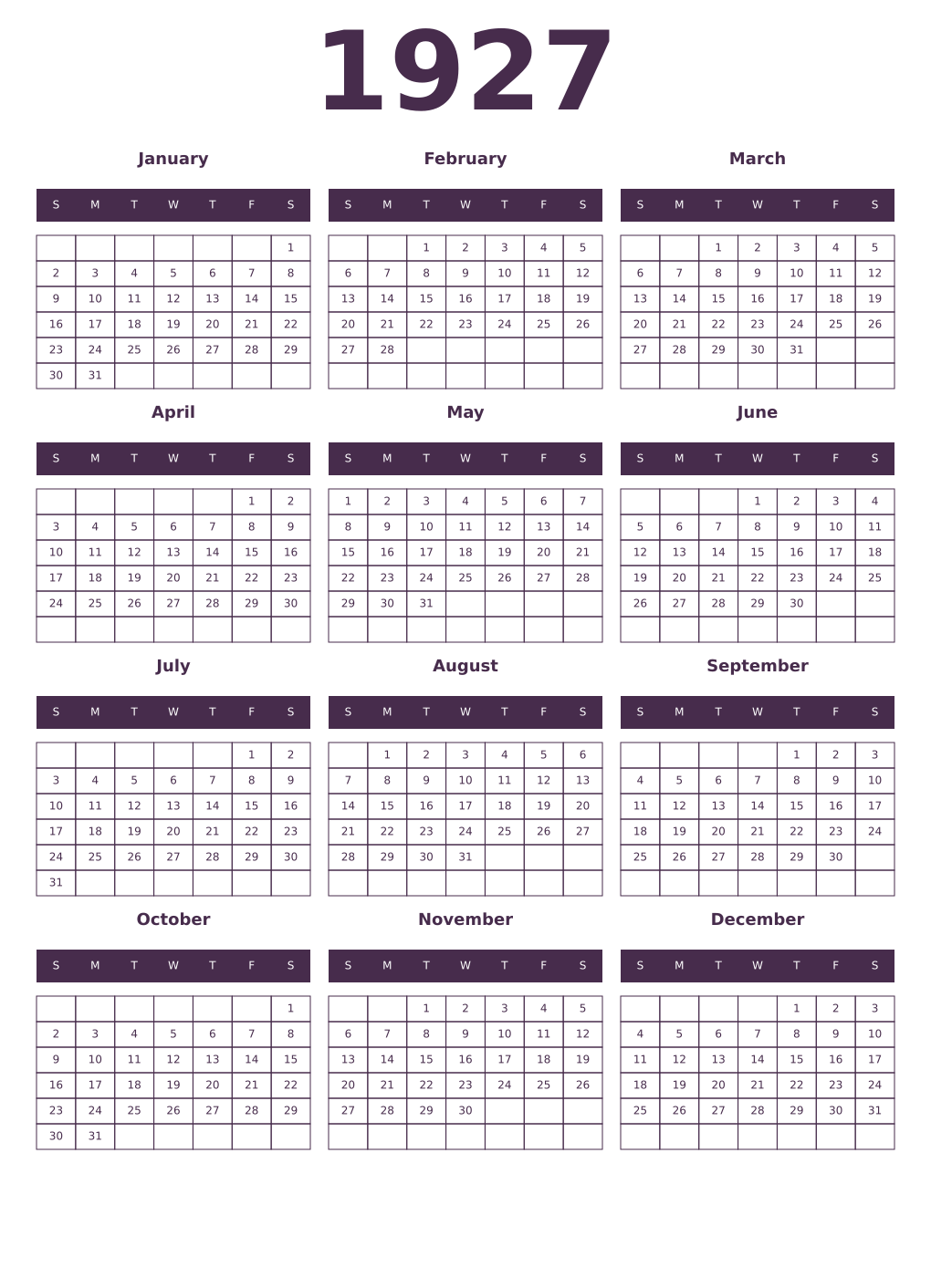 Printable 1927 Year Calendars aubergine