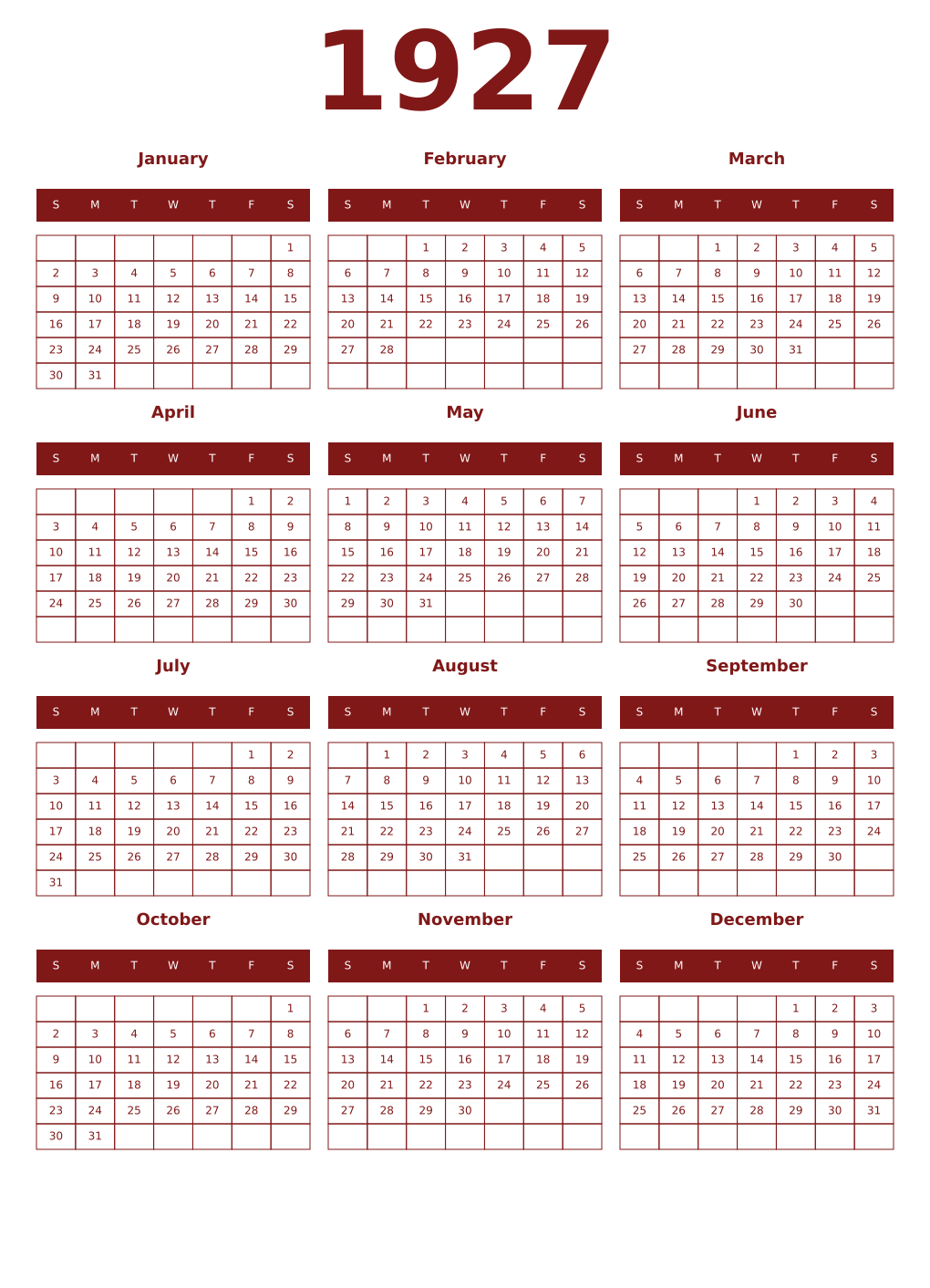 Printable 1927 Year Calendars falu