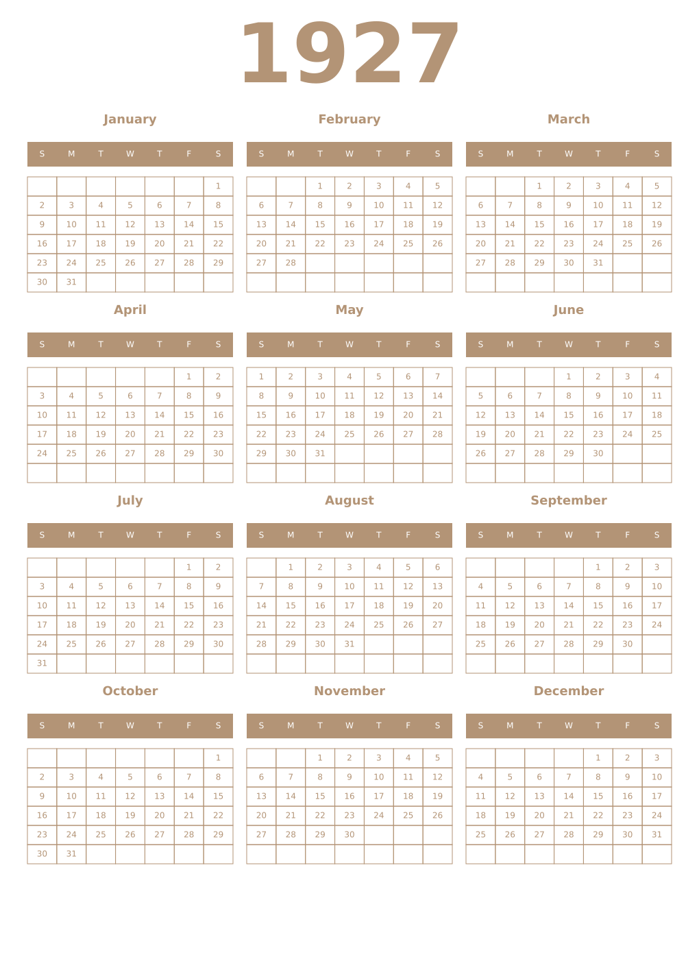 Printable 1927 Year Calendars isabelline