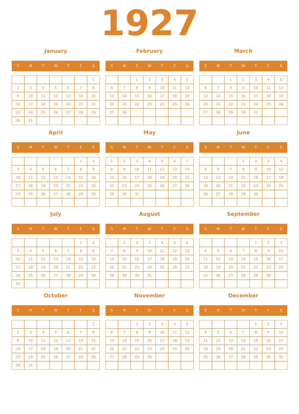 Printable 1927 Year Calendars orange