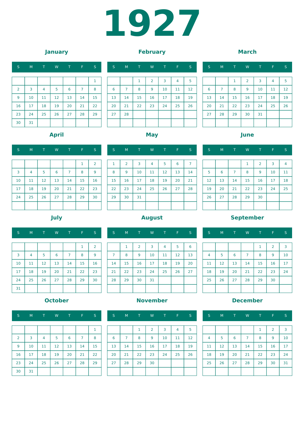 Printable 1927 Year Calendars pastel