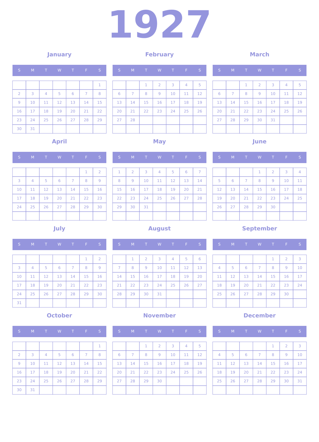 Printable 1927 Year Calendars periwinkle