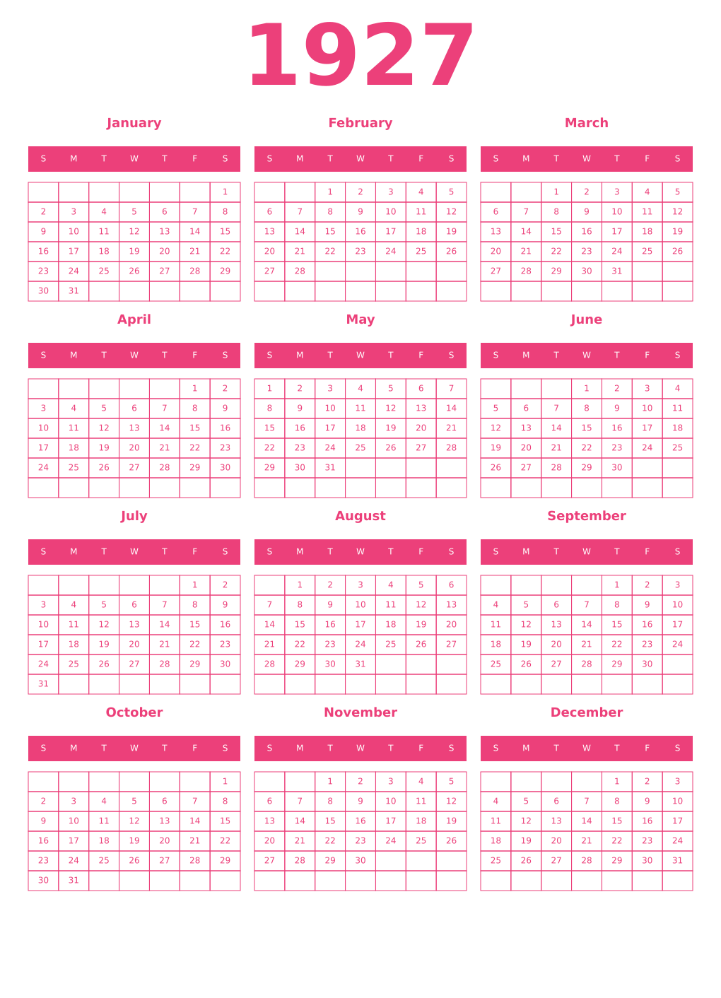 Printable 1927 Year Calendars pink