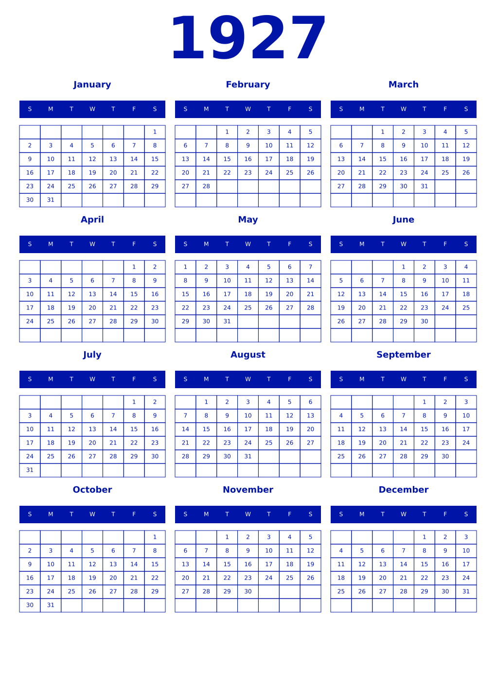 Printable 1927 Year Calendars zaffre