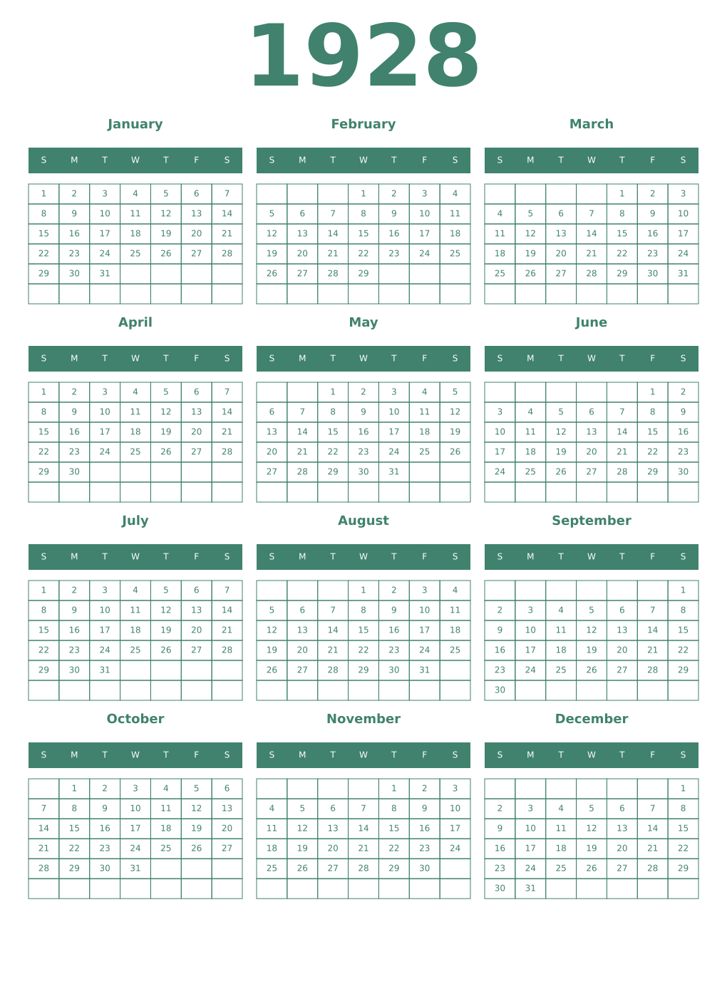 Printable 1928 Year Calendars viridian