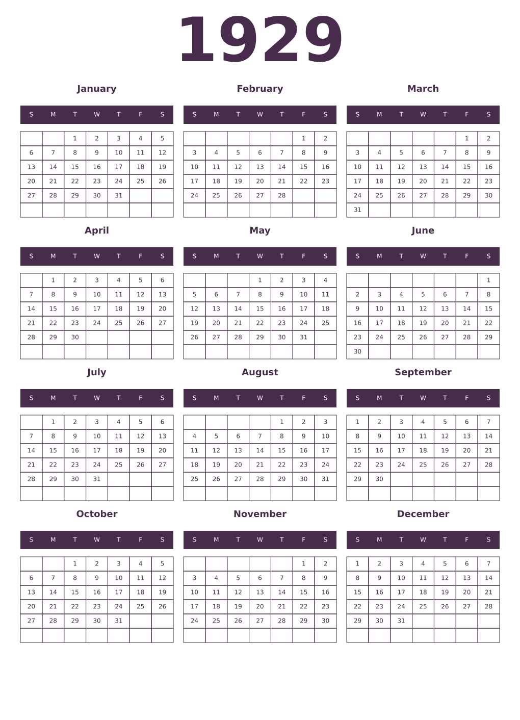 Printable 1929 Year Calendars aubergine