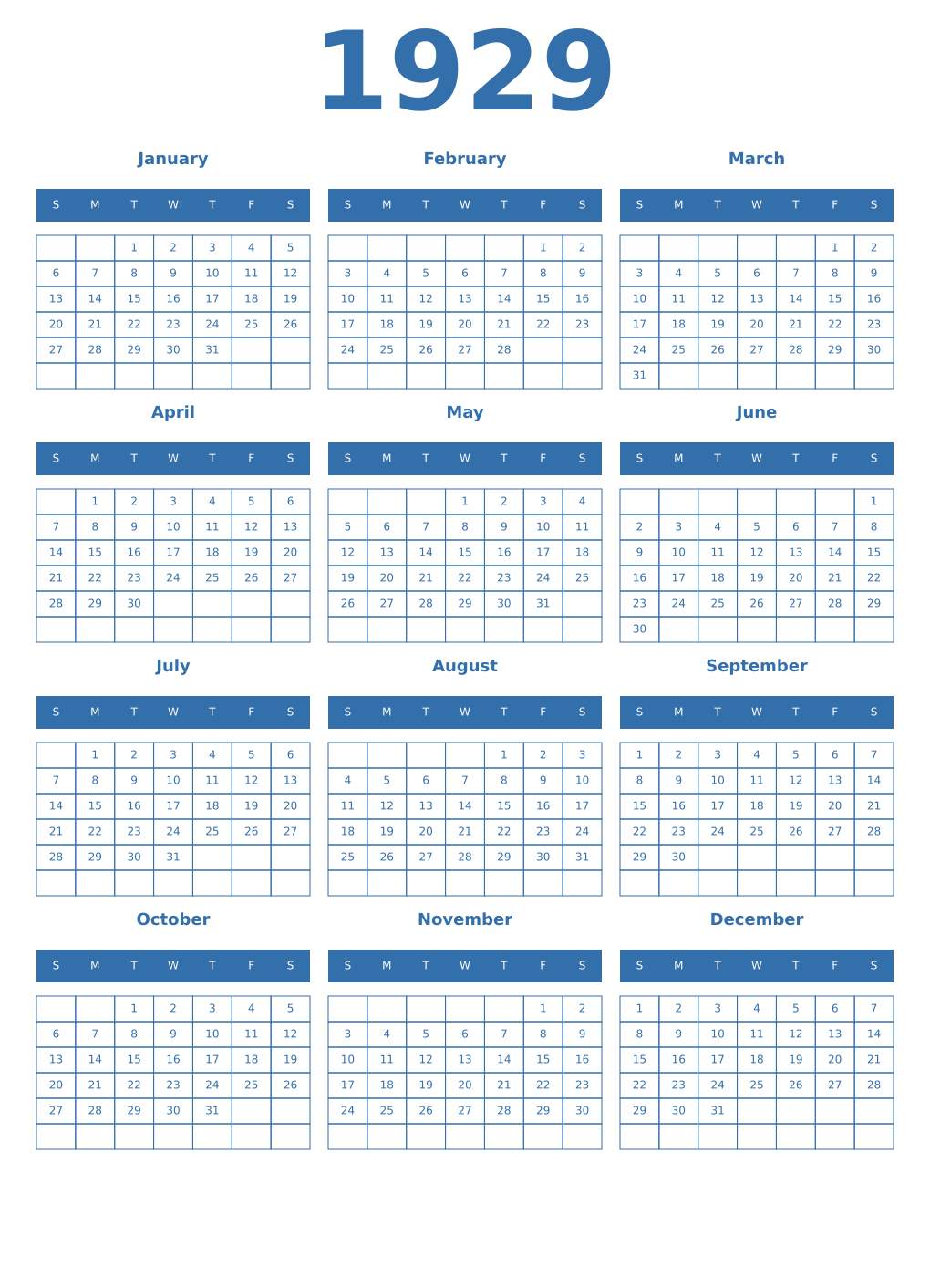 Printable 1929 Year Calendars blue