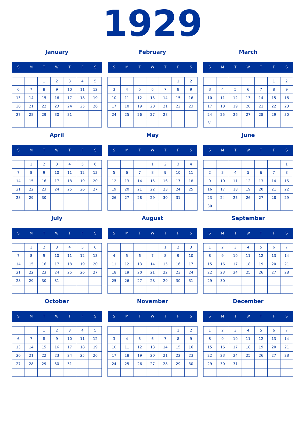 Printable 1929 Year Calendars smalt