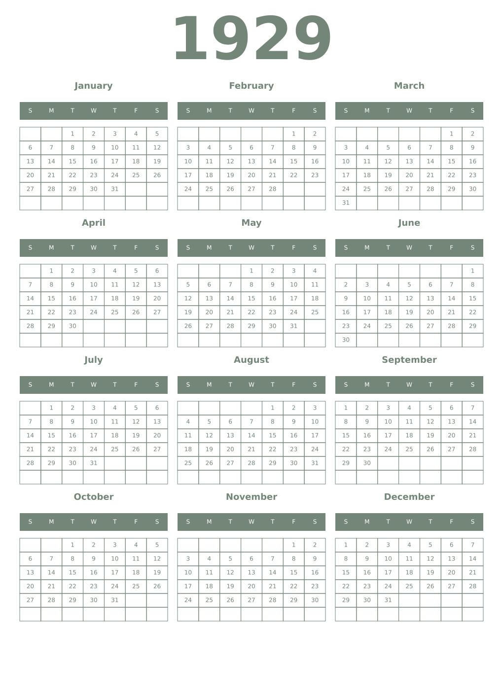 Printable 1929 Year Calendars xanadu