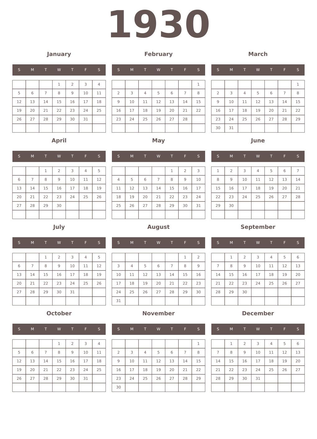 Printable 1930 Year Calendars wenge