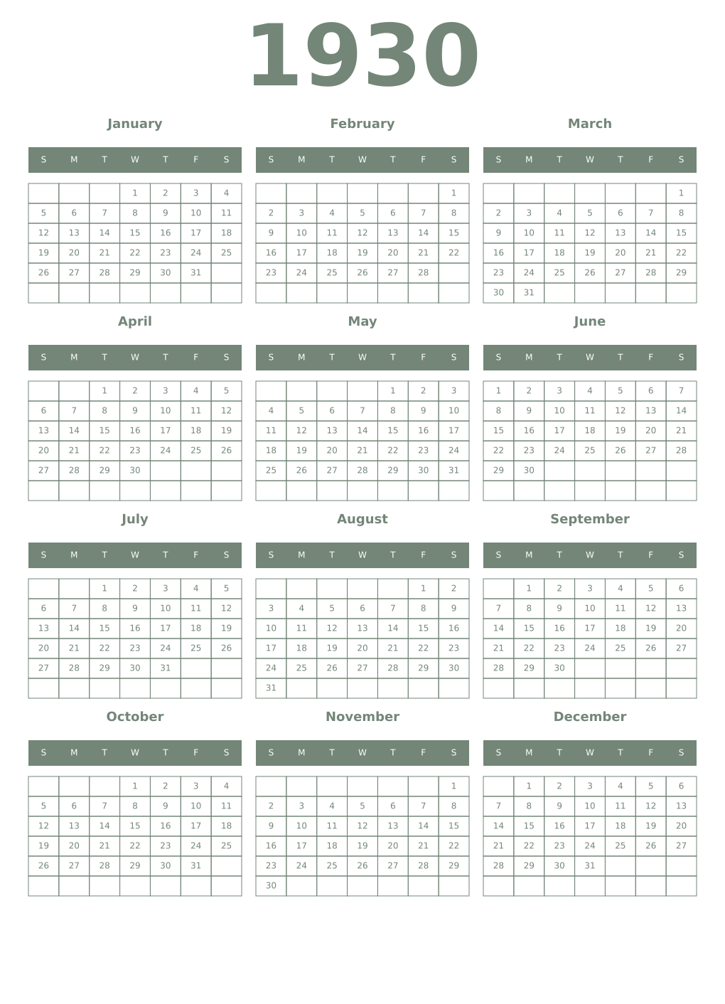 Printable 1930 Year Calendars xanadu