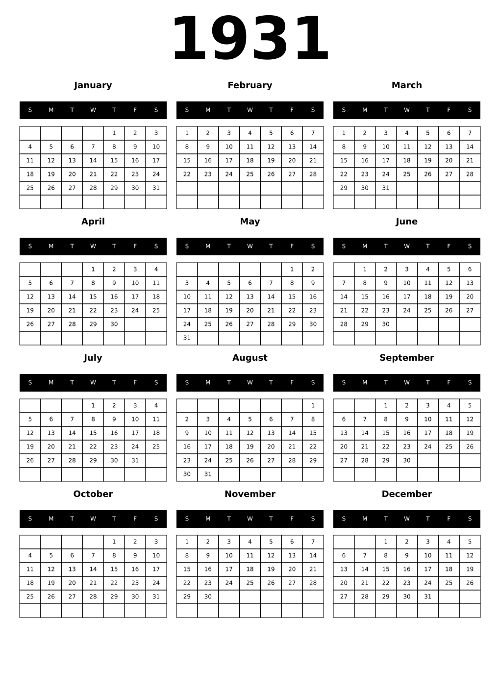 Printable 1931 Calendars