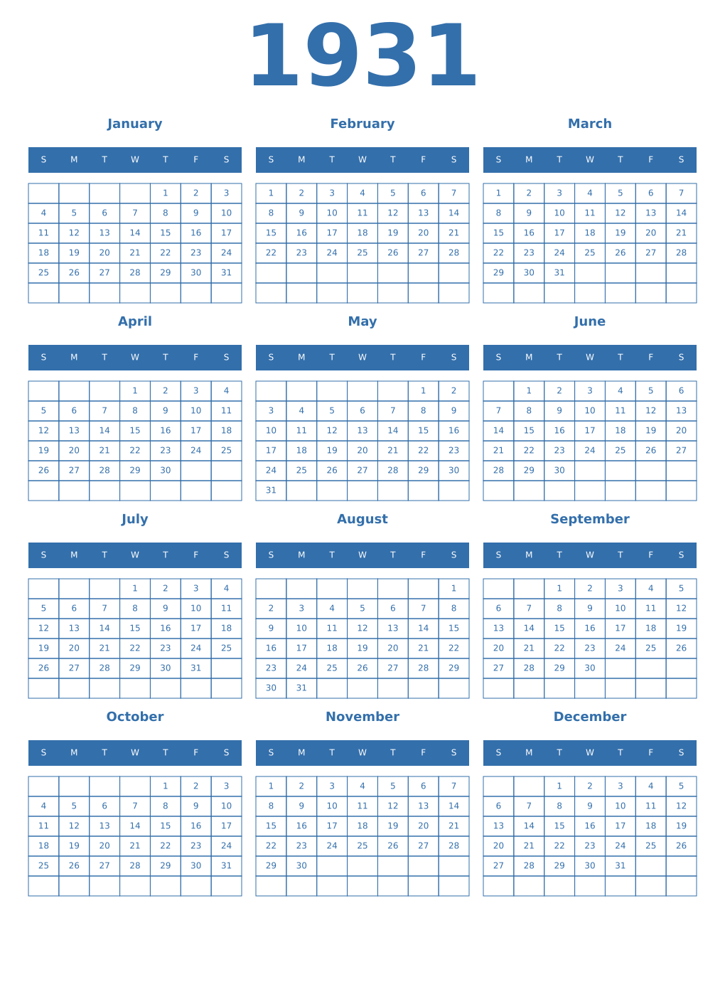 Printable 1931 Year Calendars blue