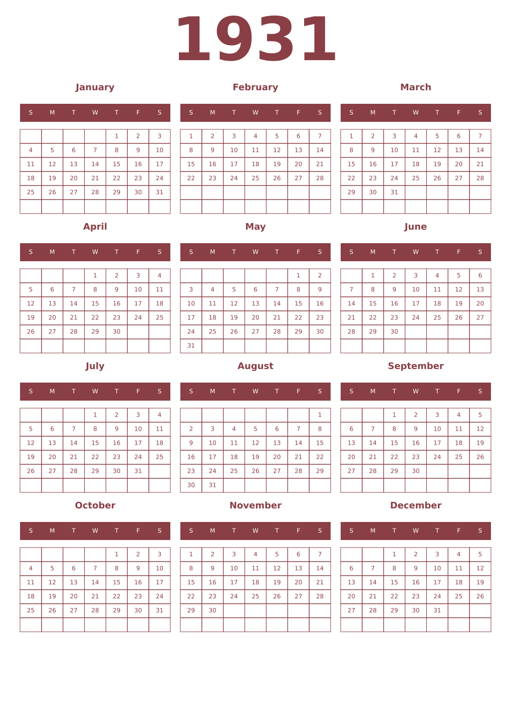 Printable 1931 Year Calendars cordovan