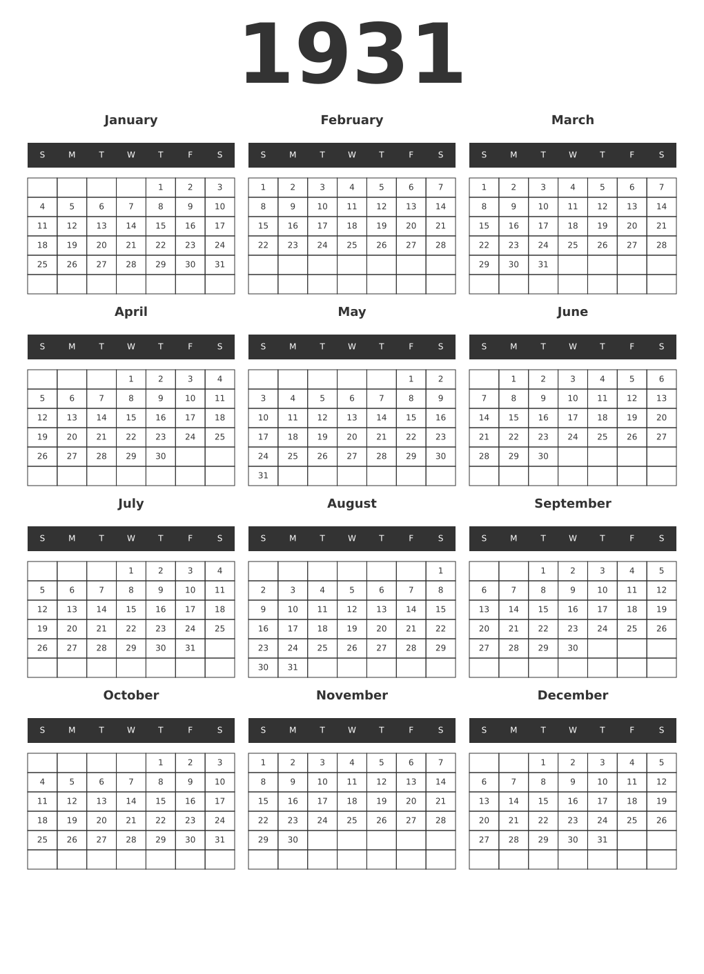 Printable 1931 Year Calendars dark