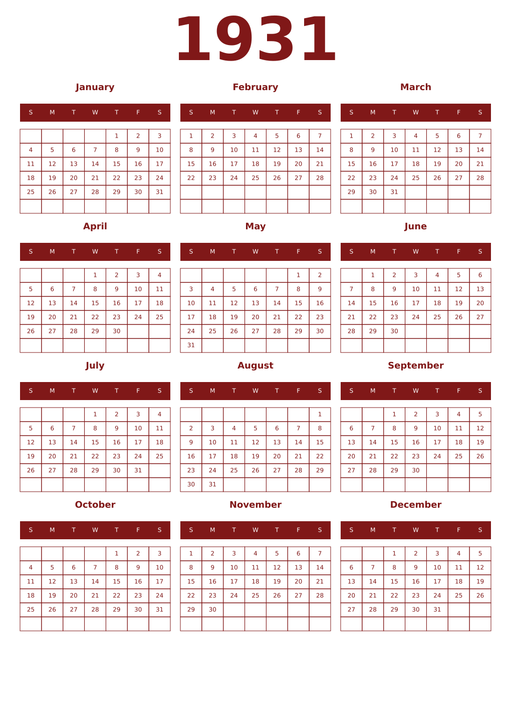 Printable 1931 Year Calendars falu