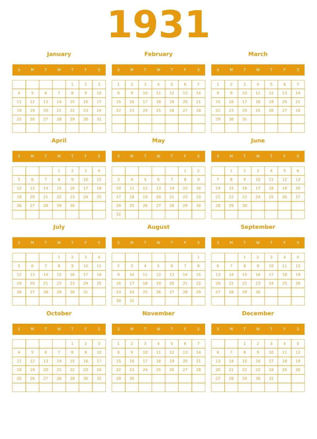 Printable 1931 Year Calendars gamboge