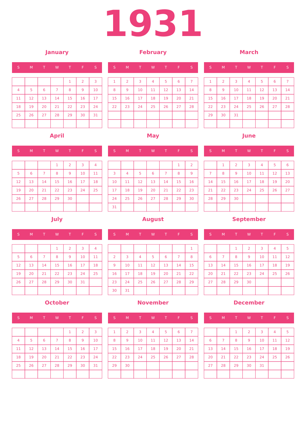 Printable 1931 Year Calendars pink