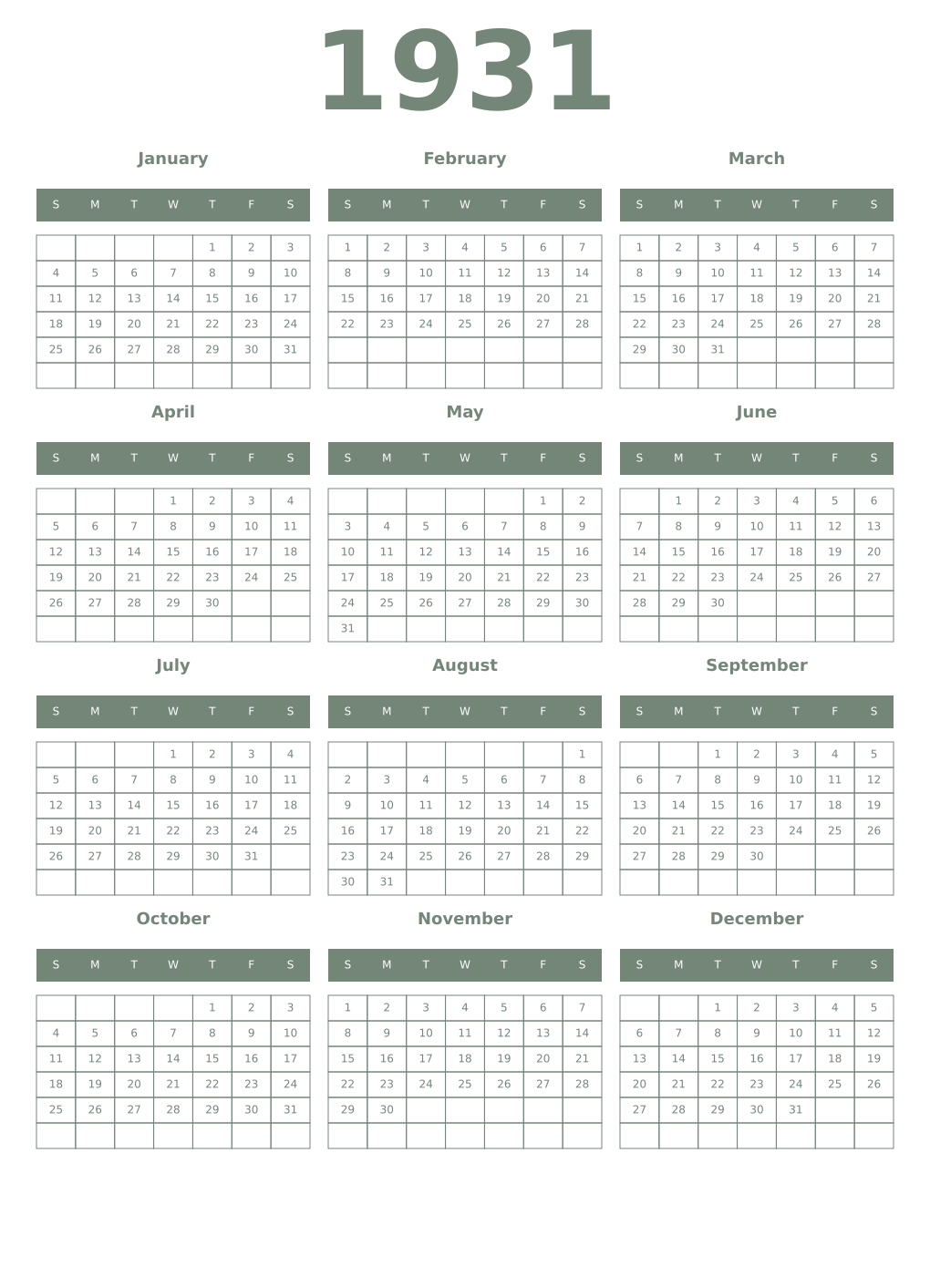 Printable 1931 Year Calendars xanadu