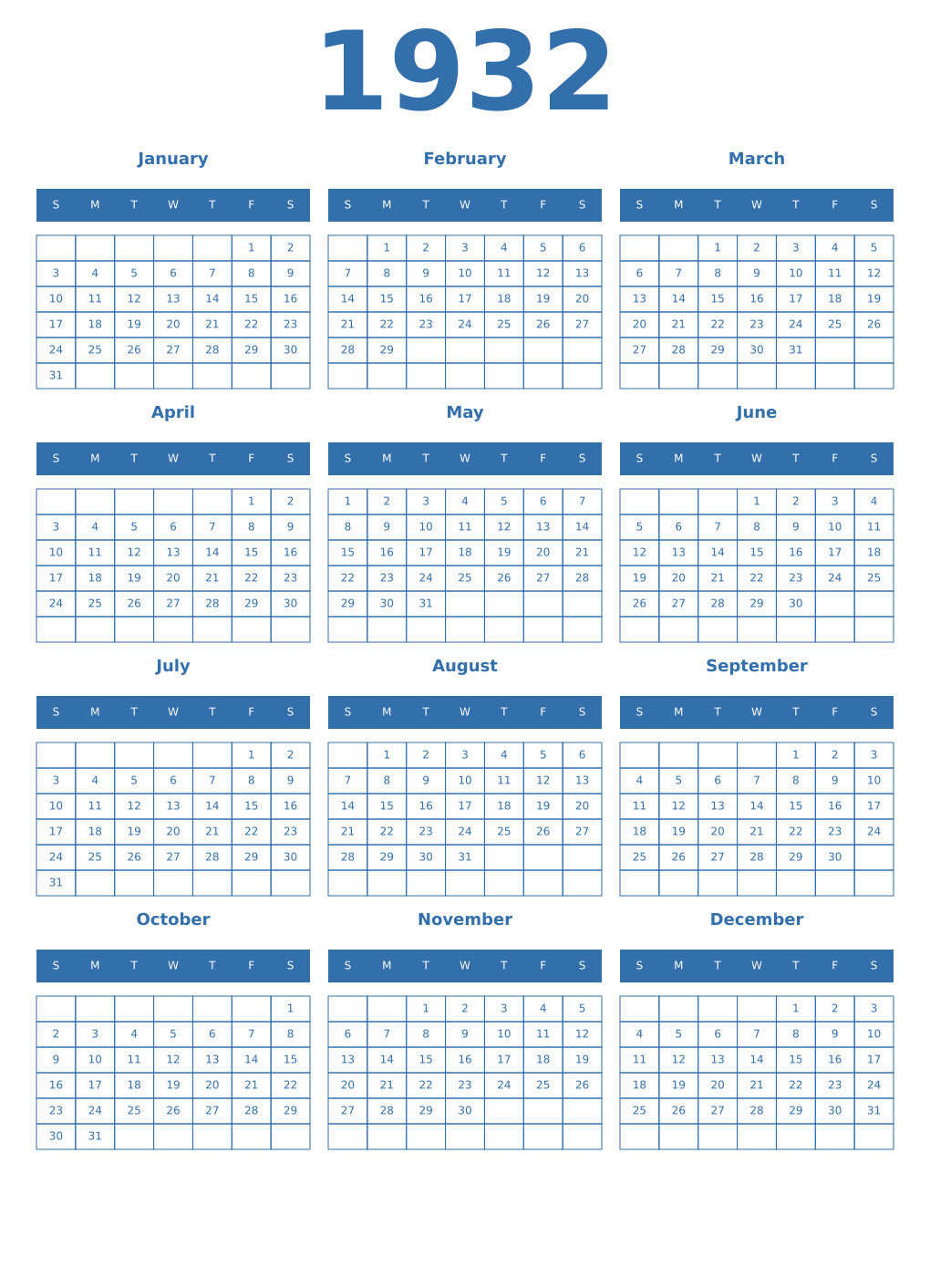 Printable 1932 Year Calendars blue
