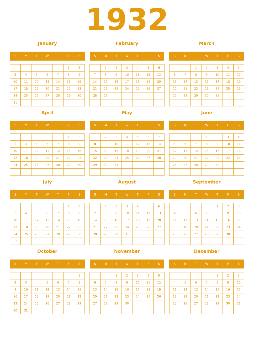 Printable 1932 Year Calendars gamboge