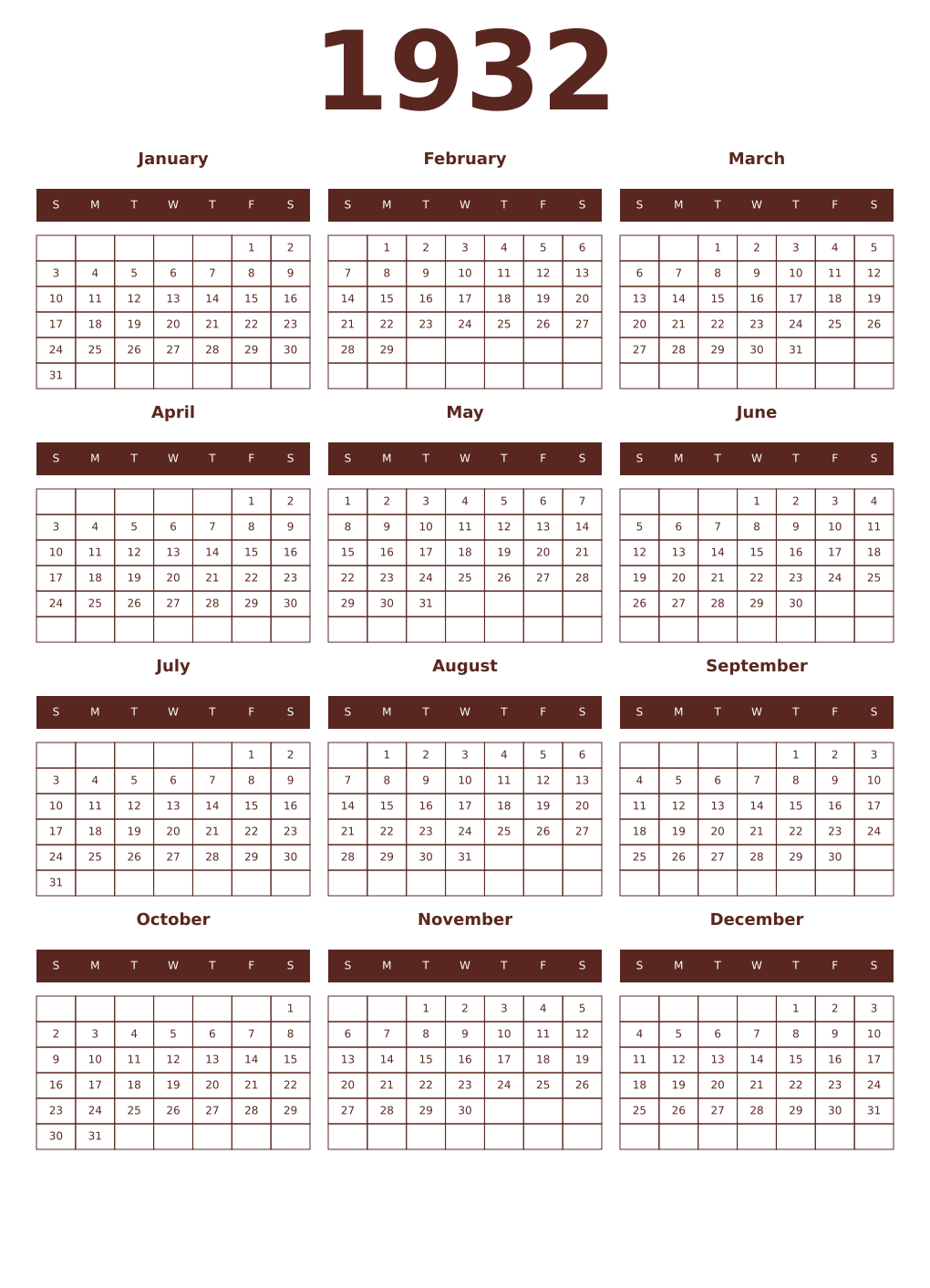 Printable 1932 Year Calendars mortuum