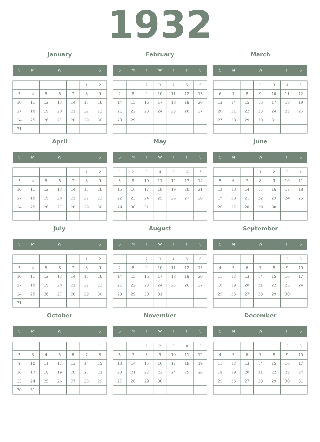 Printable 1932 Year Calendars xanadu