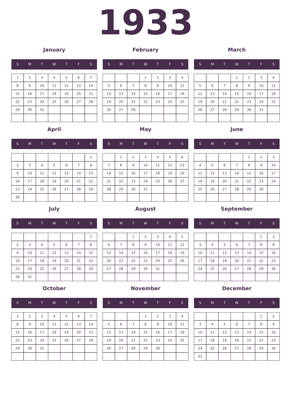 Printable 1933 Year Calendars aubergine