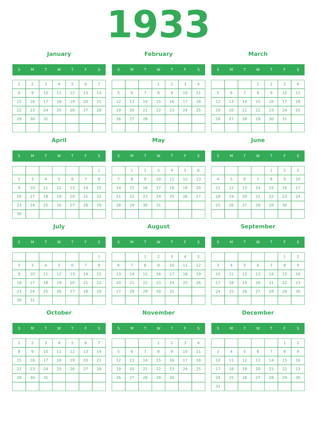 Printable 1933 Year Calendars green