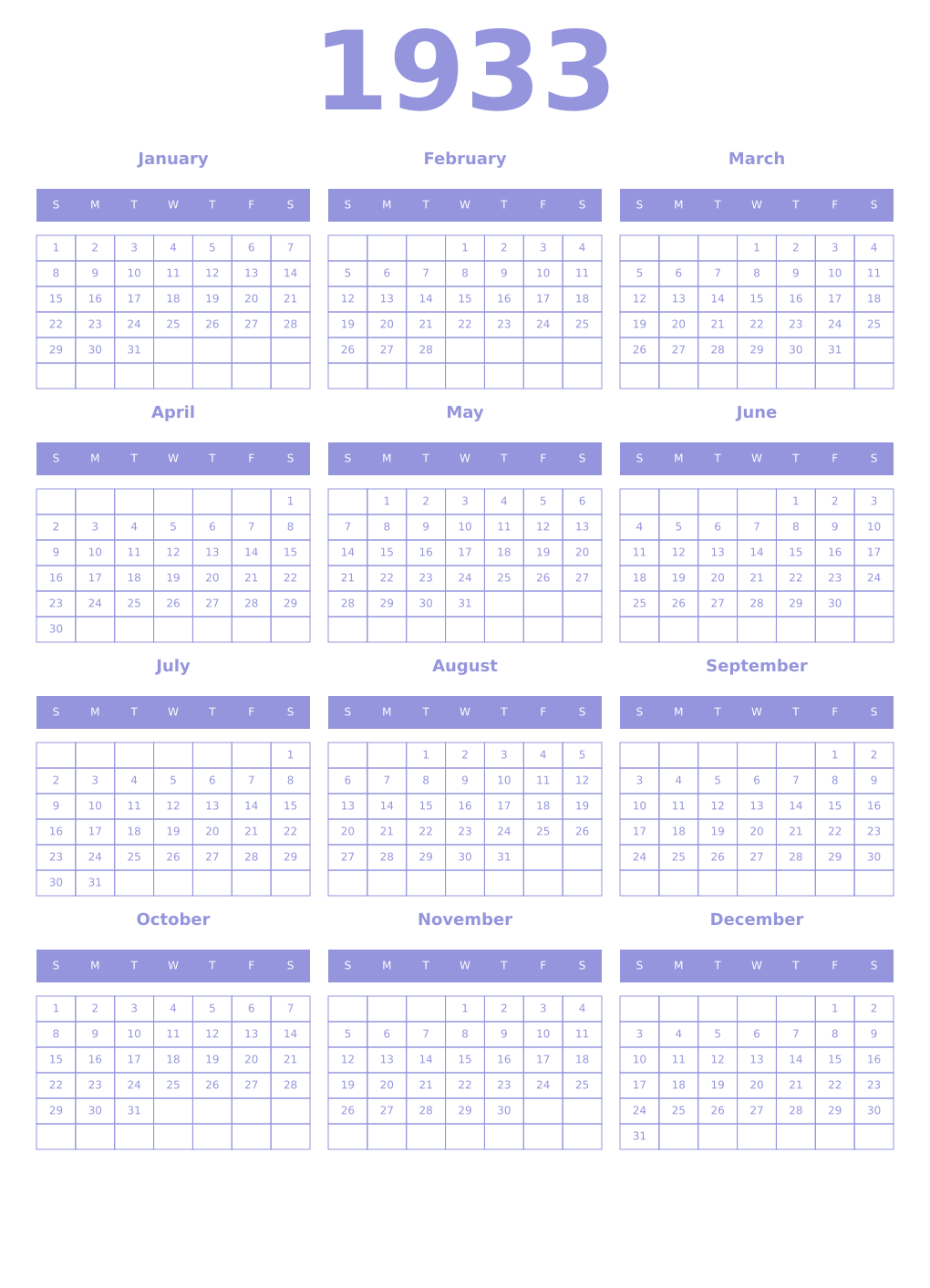 Printable 1933 Year Calendars periwinkle